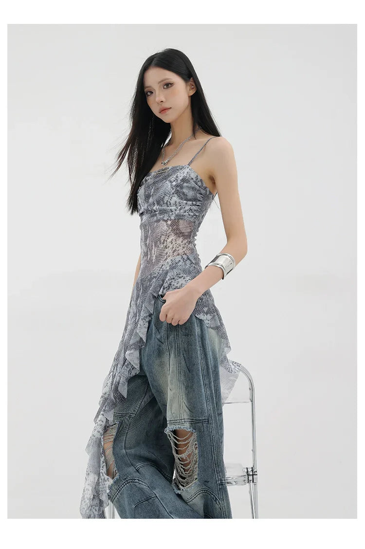 Black Asymmetric Ribbon Strap Tank Top With Ruffle Edge Design