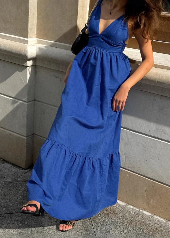Deep V Neck Double Spaghetti Strap Empire Waist Tiered Maxi Dress