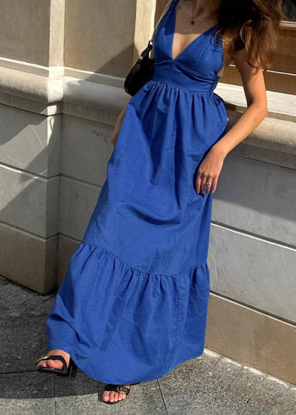 Deep V Neck Double Spaghetti Strap Empire Waist Tiered Maxi Dress