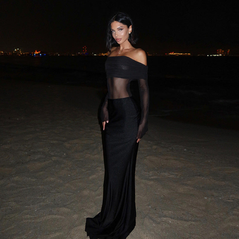 Fall Maxi Dress Elegant Slim off Shoulder Mesh