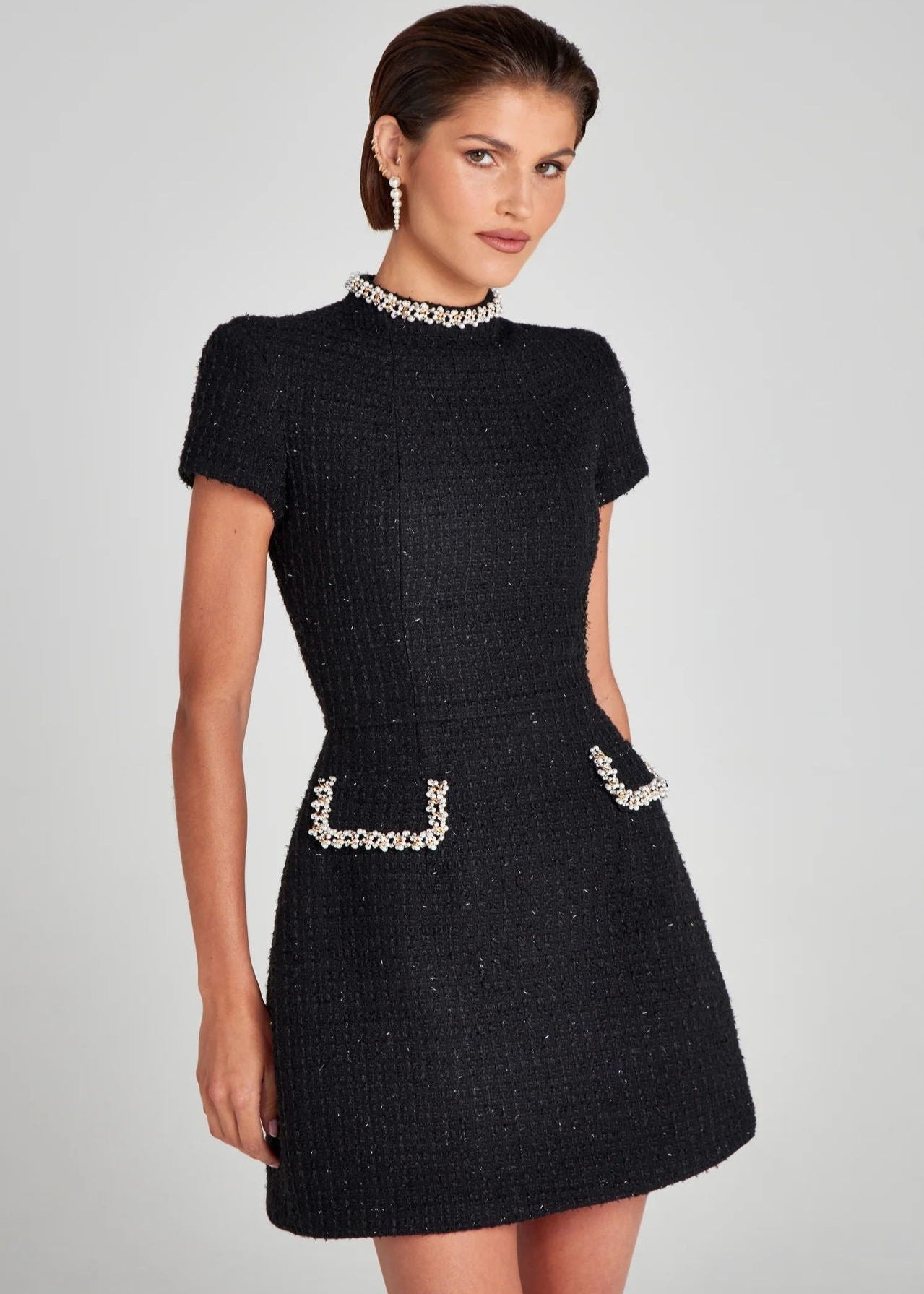 Mock Neck Pearl Crystal Embellished Pocket Tweed Mini Dress