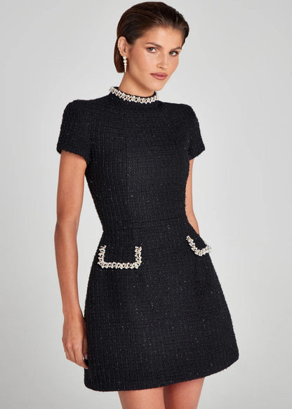 Mock Neck Pearl Crystal Embellished Pocket Tweed Mini Dress