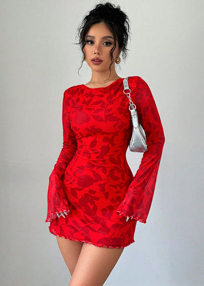 Crew Neck Long Bell Sleeve Lettuce Edge Floral Mesh Overlay Bodycon Mini Dress