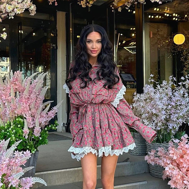 Floral Stitching Dress Polo Collar Long Sleeve Lace up A line Dress