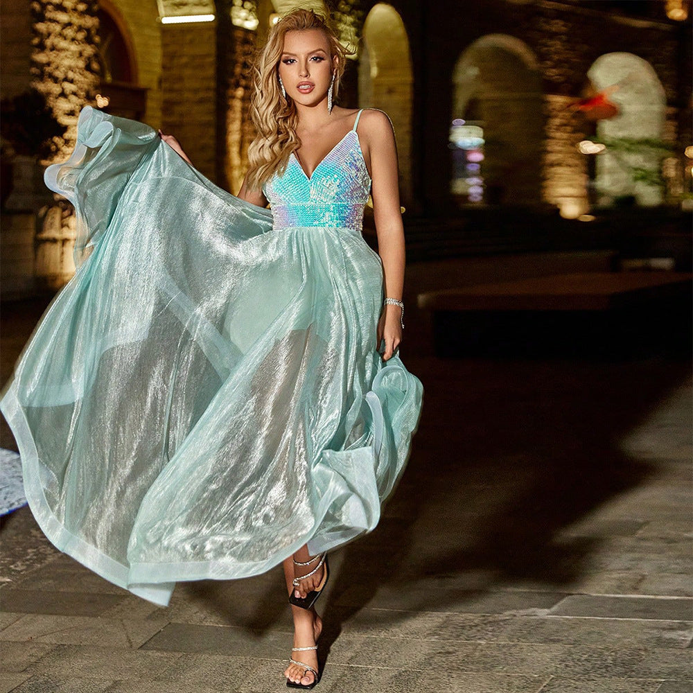 Elegant Dress Sequin Stitching Cocktail Strap Dress Footwear Organza