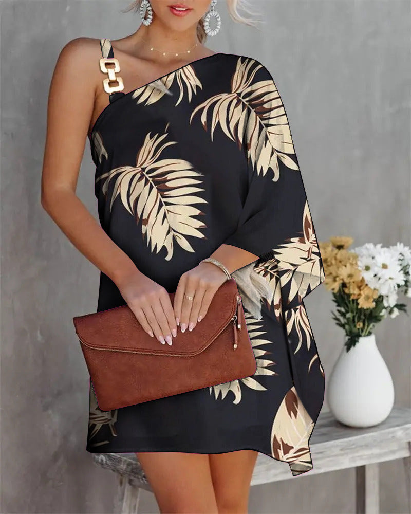 Ombre Stripe One-Shoulder Chain Strap Butterfly Cape Sleeve Mini Dress