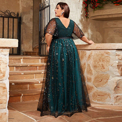 Plus Size Evening Dress Shiny Crystal Puff Sleeve V neck Swing Fairy Evening Dress Super Fairy Dress