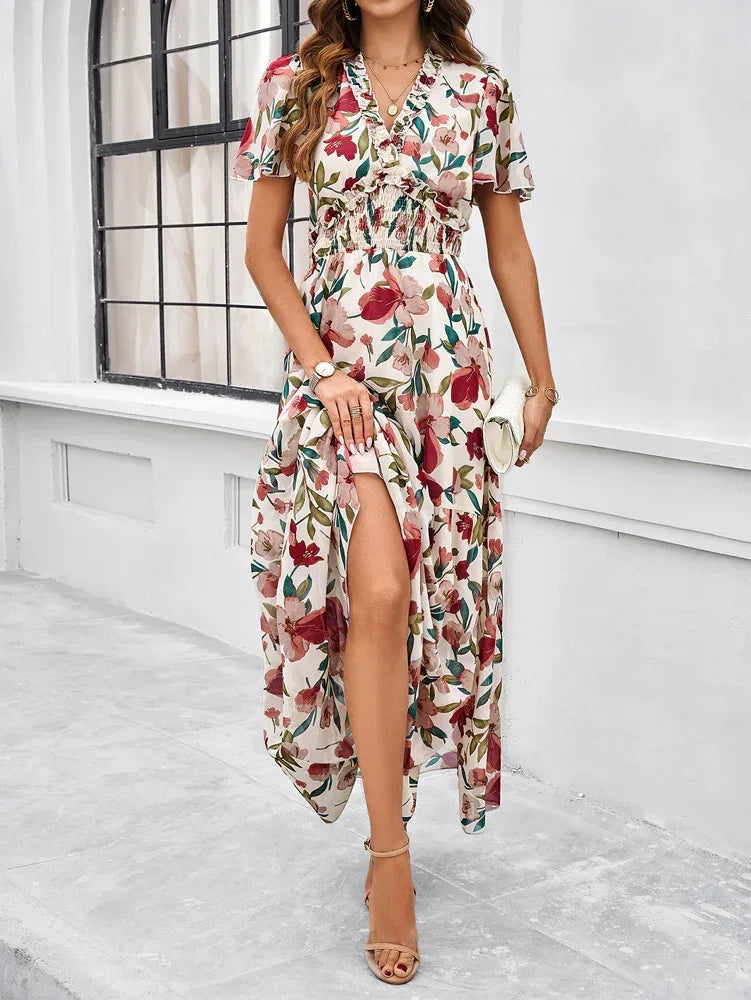 Women’s Casual Long Dress with Smocked Waist and Slit