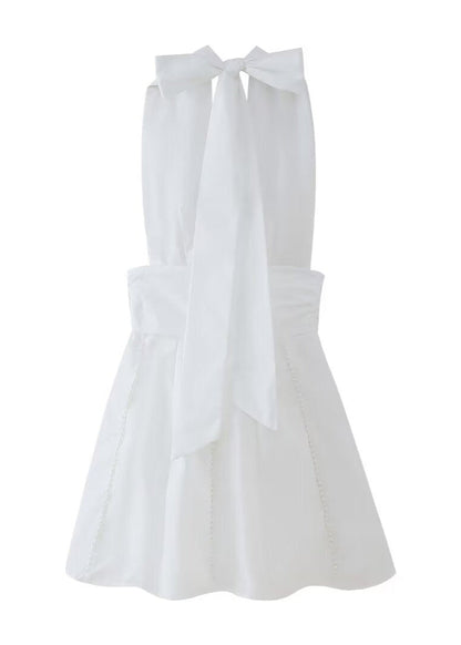 Halter Deep V Neck Ruched Waist Pearl Trim Panel Bell Mini Dress