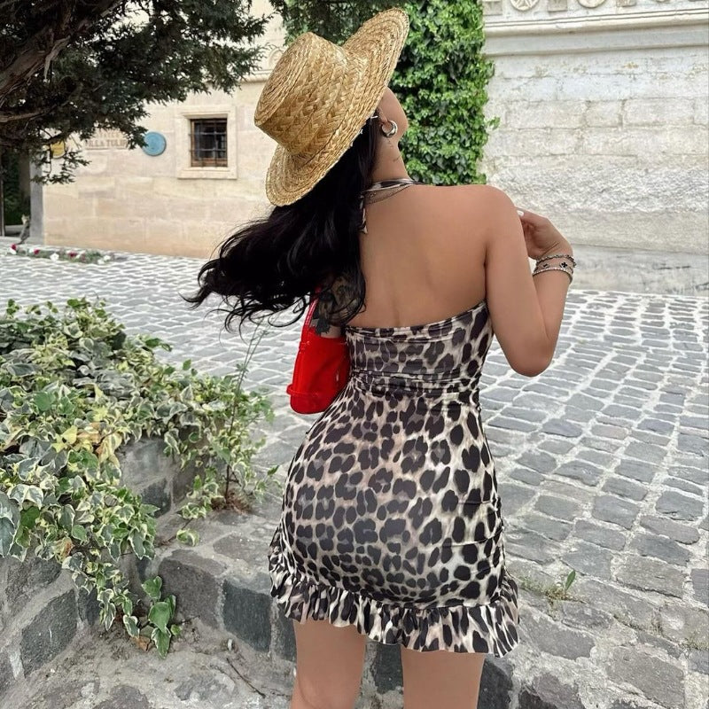 Leopard Print Lace up Backless Slim Hip Short Dress