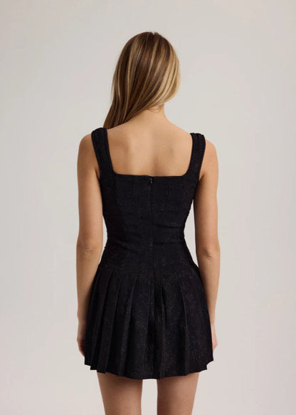 Square Neck Wide Strap Lace Up Floral Jacquard Pleated Fit and Flare Mini Dress