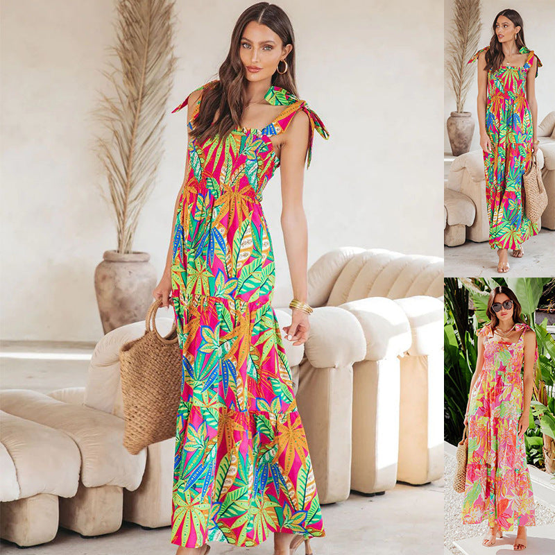 Square Neck Tie Shoulder Smocked Bodice Tiered Tropical Floral Maxi Dress