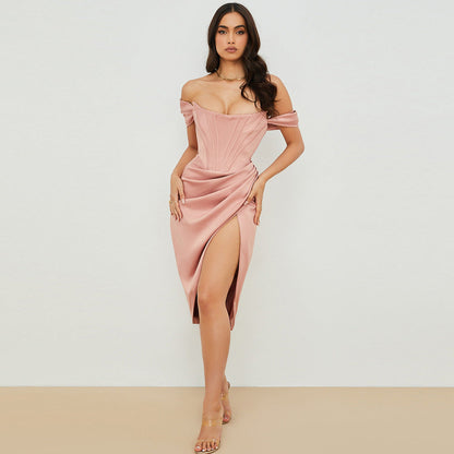Bodycon Party Card Shoulder Tube Top Slim Fit Slit Solid Color Dress