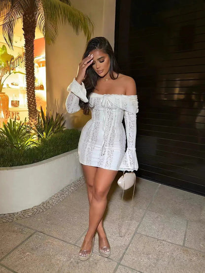 Off shoulder lace bodycon mini dress with flared sleeves