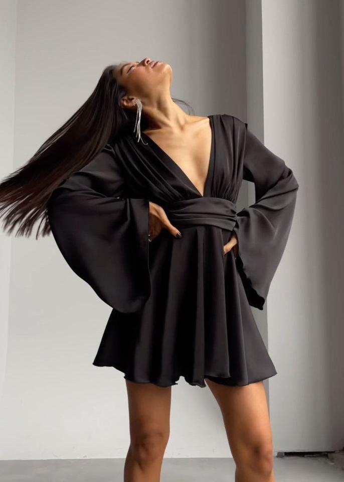 Plunging V-Neck Satin Bell Sleeve Ruffle Hem Fit and Flare Mini Dress