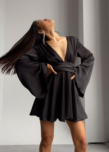 Plunging V-Neck Satin Bell Sleeve Ruffle Hem Fit and Flare Mini Dress