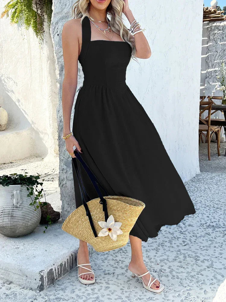 Black Halter Backless Maxi Dress for Women
