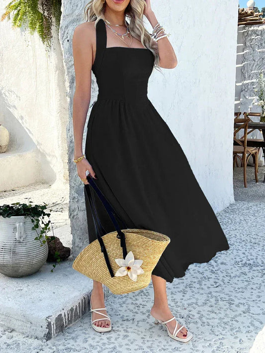 Black Halter Backless Maxi Dress for Women