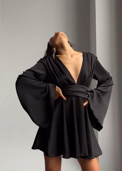 Plunging V-Neck Satin Bell Sleeve Ruffle Hem Fit and Flare Mini Dress