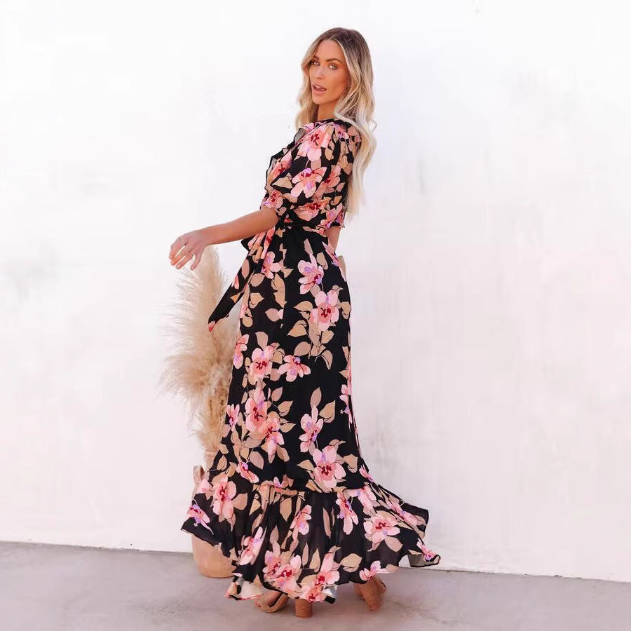 Floral Print Wrap V-Neck Puff Sleeve Ruffle Trim High-Low Maxi Dress