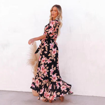 Floral Print Wrap V-Neck Puff Sleeve Ruffle Trim High-Low Maxi Dress