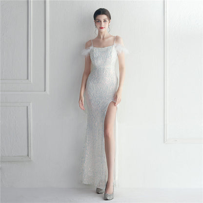 Positioning Floral Sequin Wool Binding Craft Sling Dress Long