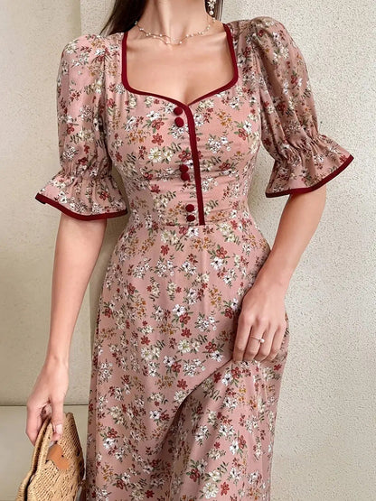 Ditsy Floral Square Neck Puff Sleeve Button Placket Contrast Trim Maxi Dress