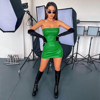 Popular Tube Top Faux Leather Sheath Dress