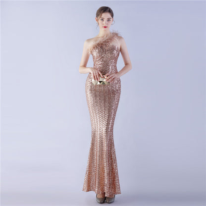 Craft Order Ostrich Feather Single Shoulder Diagonal Collar High Density Sequin High End Evening Dress