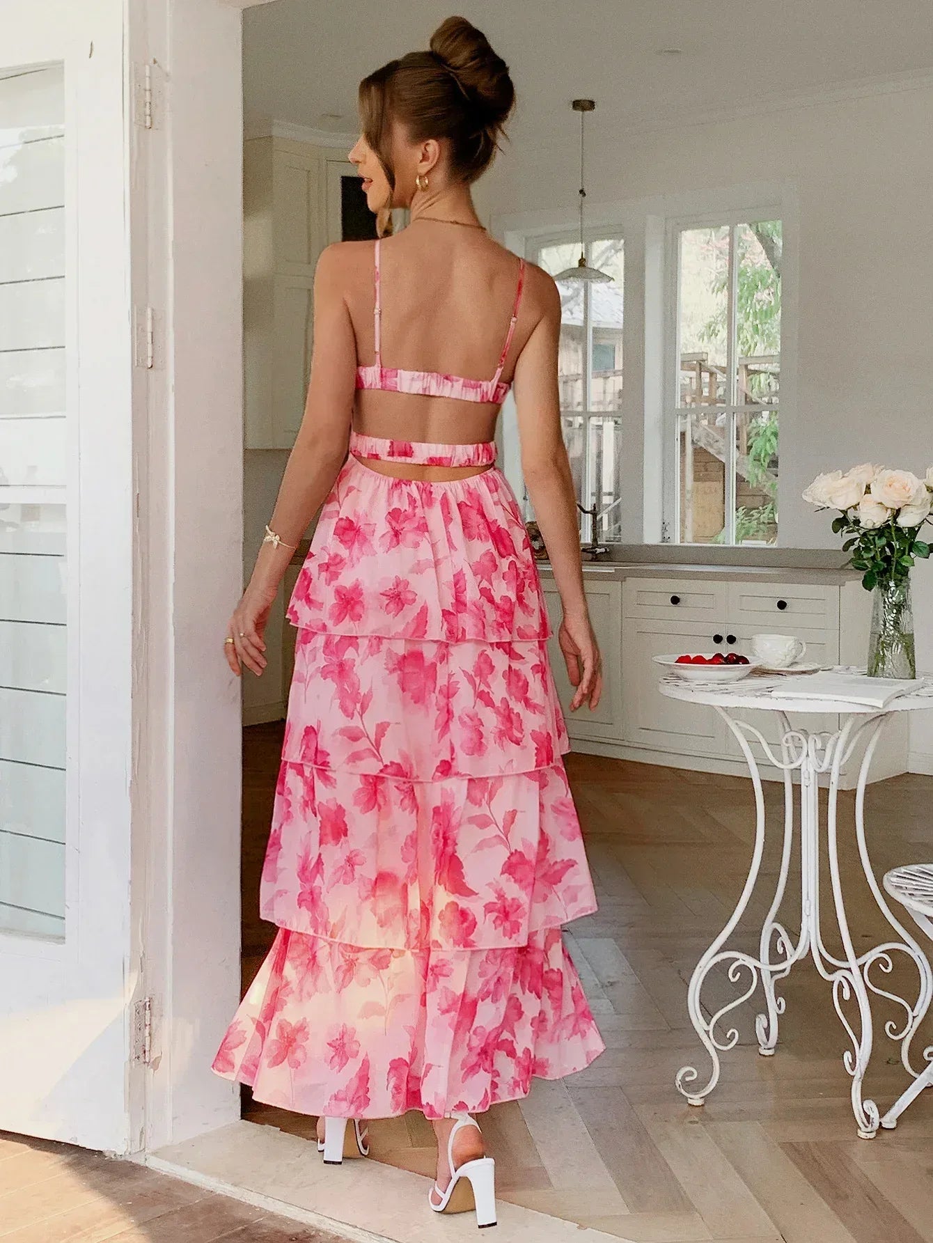 Tiered Chiffon Maxi Dress Floral Bridal Shower Summer Gown