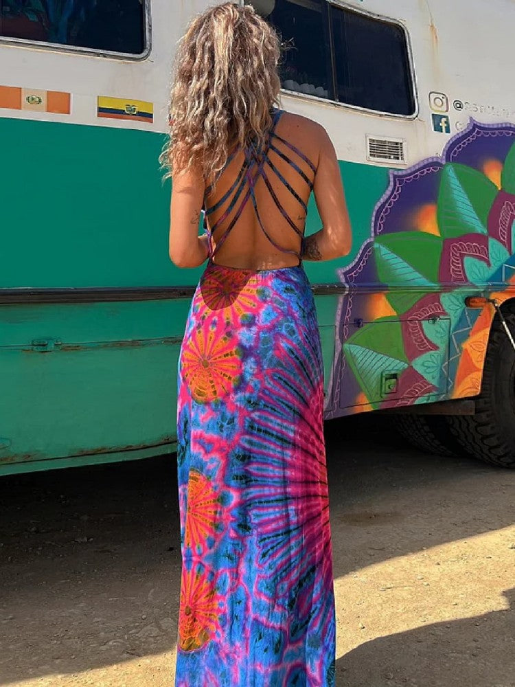 Scoop Neck Spaghetti Strap Tie Dye Sunburst Print Backless Maxi Dress