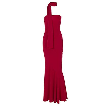 Fall Elegant Close Fitting Waist Mid Length Wrapped Chest Fish Hem Pattern Bottom Shawl Dress