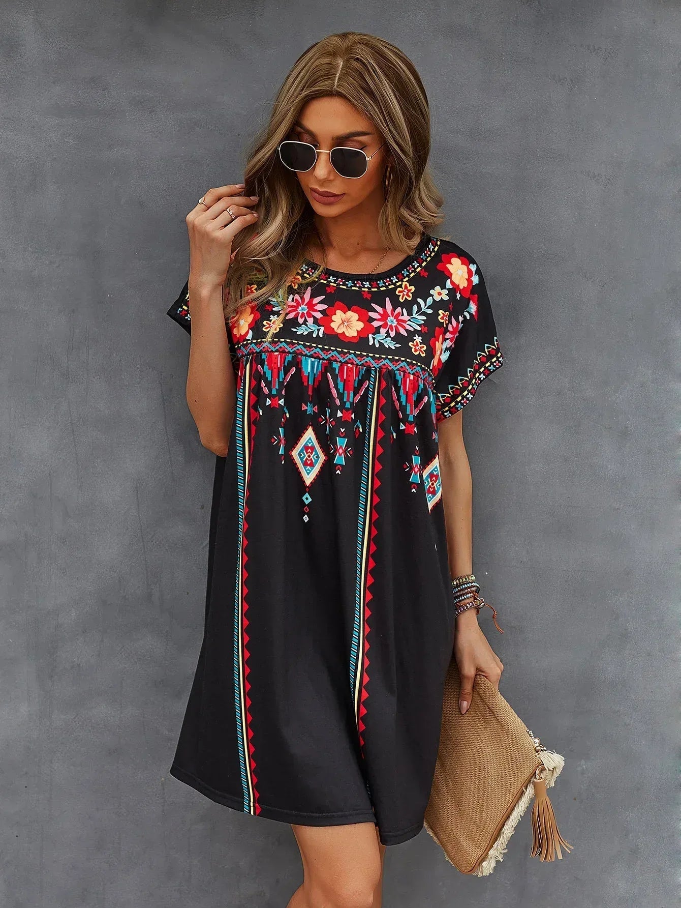 Boho Embroidered Black Babydoll Mini Dress