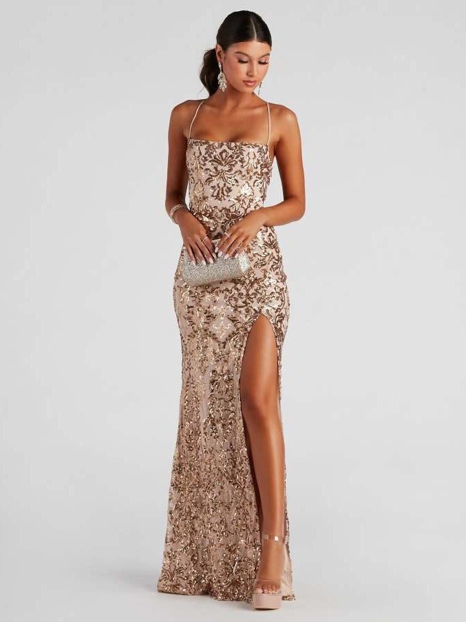 off Neck Sequined Floor Evening Dress Elegant Slit Cocktail Dress (3 Colors)