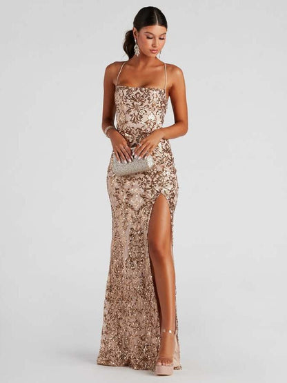 off Neck Sequined Floor Evening Dress Elegant Slit Cocktail Dress (3 Colors)