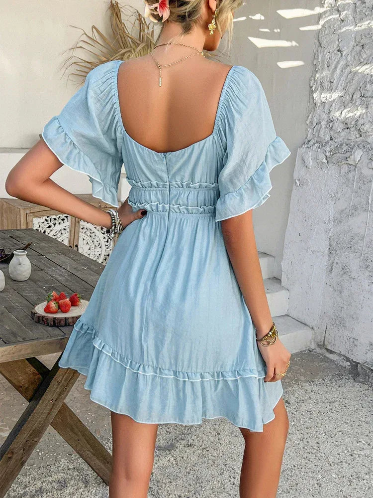 Light Blue Ruffle Mini Dress Off Shoulder Summer Dress