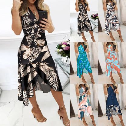 Wrap V-Neck Tie Waist Floral Panel Asymmetric Hem Midi Dress