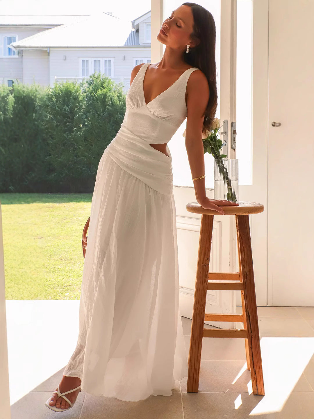 Deep V Neck Sleeveless Side Cutout Asymmetric Ruched Waist Maxi Dress