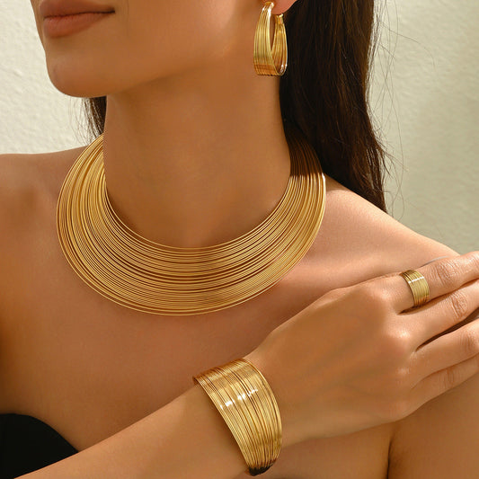 5 Piece Multi Layer Metal Bracelet, Ring, Earrings & Necklace Set
