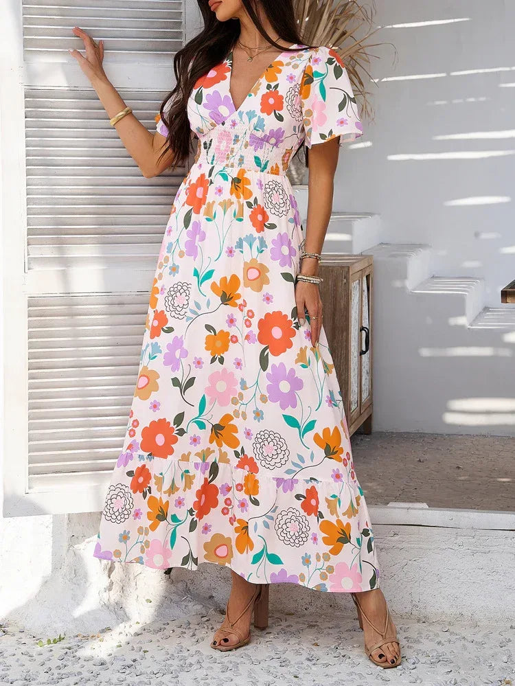 Floral Print Casual Maxi Dress for Women Summer Vacations