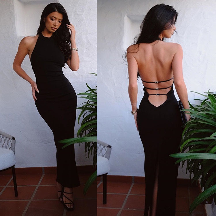 Halter Neck Backless Strappy Heart Cutout Bodycon Maxi Dress