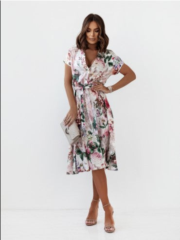 Large Floral Print Button Front Tie Waist Shirt Midi Dress