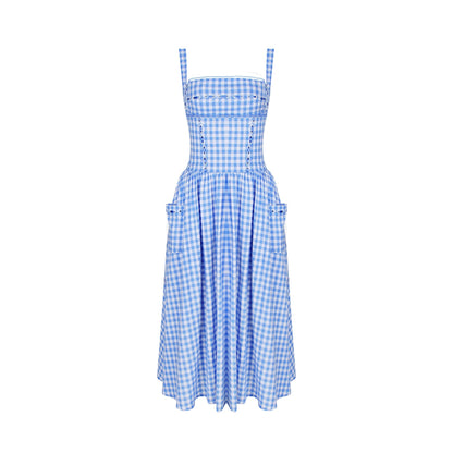 Pastoral Mid Length Blue Plaid Sling Dress High Sense Vacation Dress
