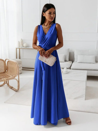 Satin Wrap V-Neck Tie Waist Sleeveless A-Line Maxi Dress