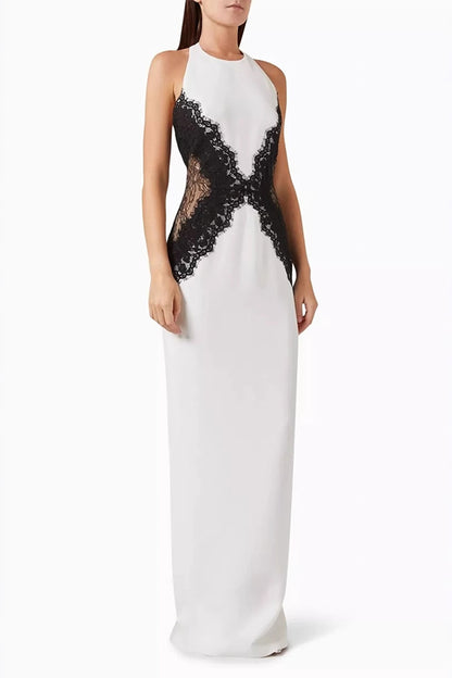 Sexy Halterneck Lace Paneled Backless Slim Maxi Dress