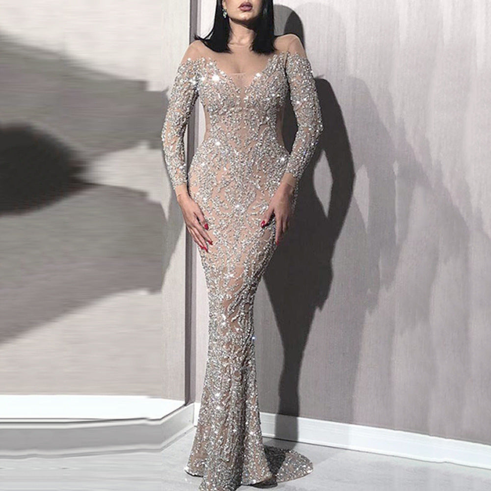 Bronzing Long Sleeve Slim Cocktail Evening Dress
