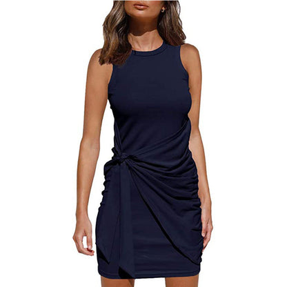 Crew Neck Side-Tie Knot Ruched Tank Bodycon Mini Dress