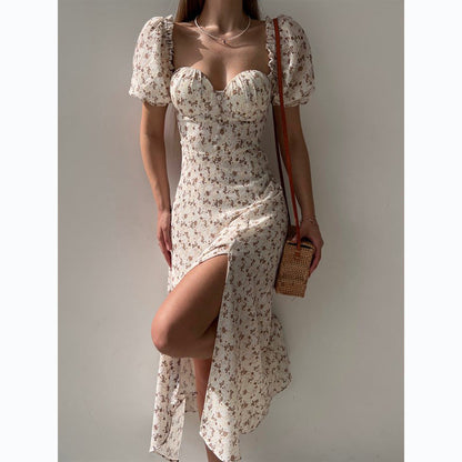 Internet Small Floral Print Waist-Tight Mid-Length Dress