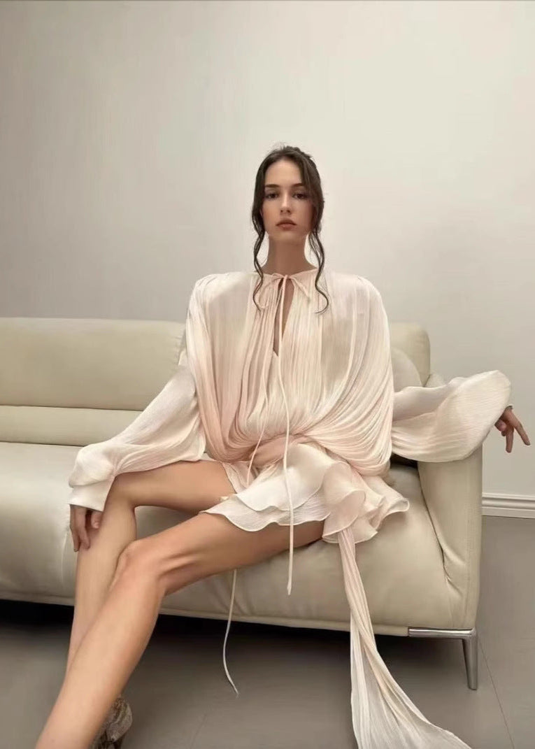 Pleated Tie Neck Bishop Sleeve Sash Waist Tiered Ruffle Mini Dress