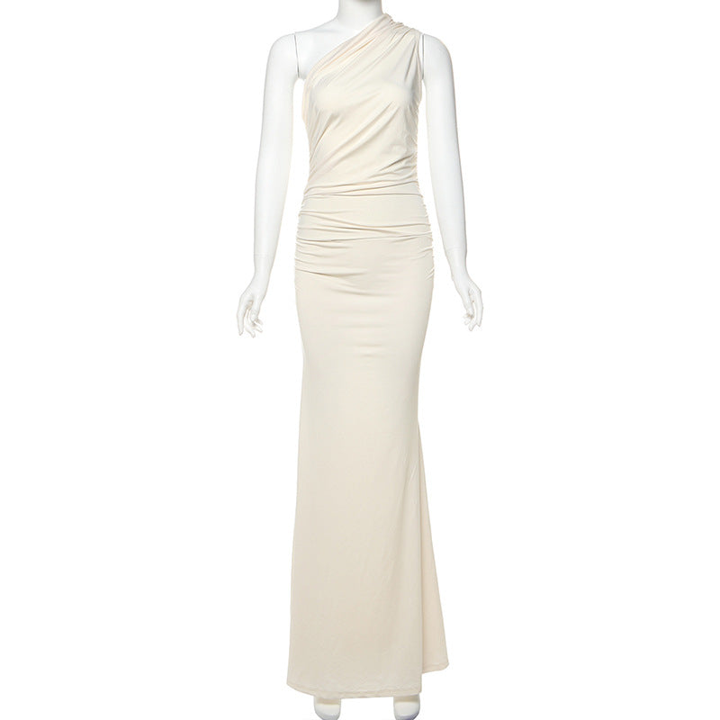 Elegant Oblique Shoulder Single Shoulder Solid Color Slim Slimming Dress